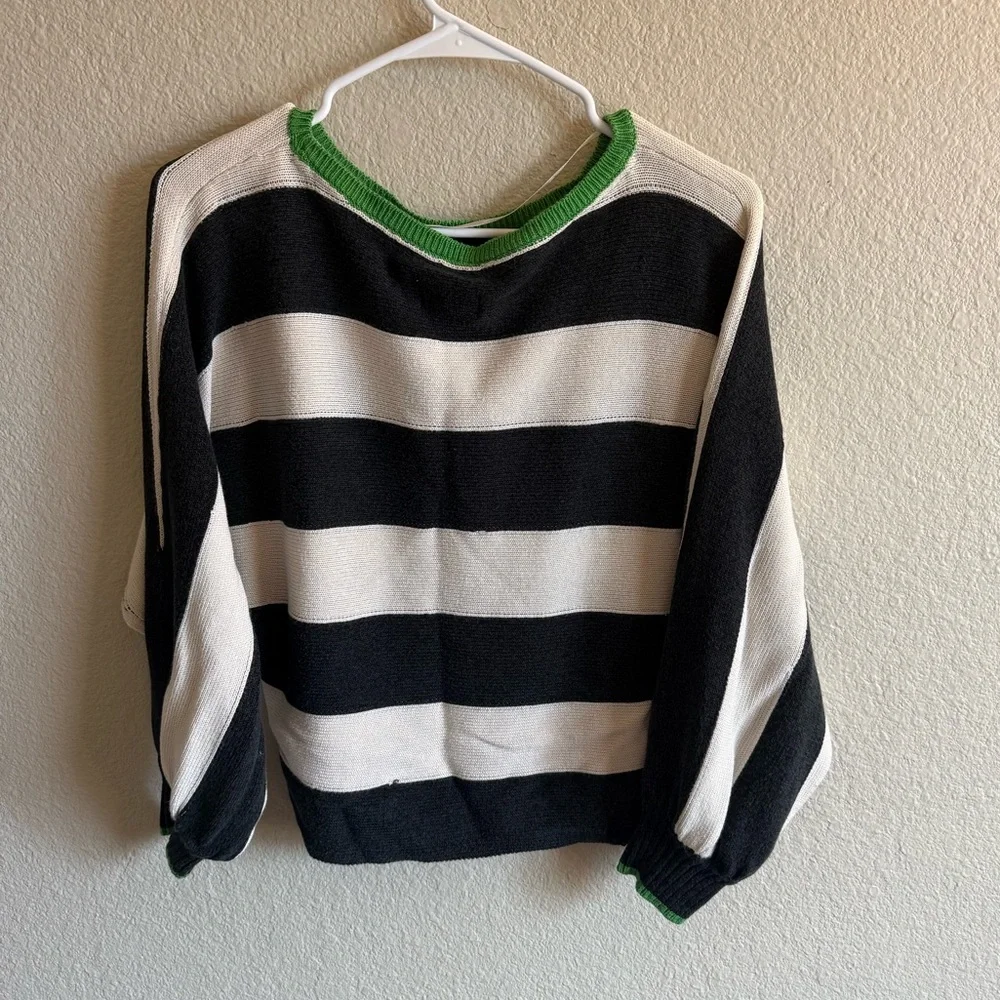 Maeve Anthropologie Slouchy Boatneck Black & White Striped Sweater Green Touch - Picture 5 of 10